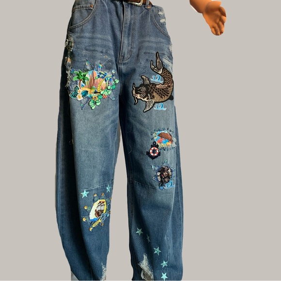Upcycled Denim - Upcycled Embroidered, Patched, and Distressed Barrel Jean with a Caribbean Theme